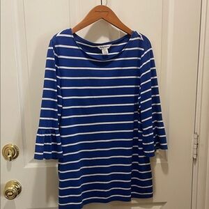 Tommy Bahama Blue and White Striped Ruffle-Sleeve 3/4 Long Sleeve Top